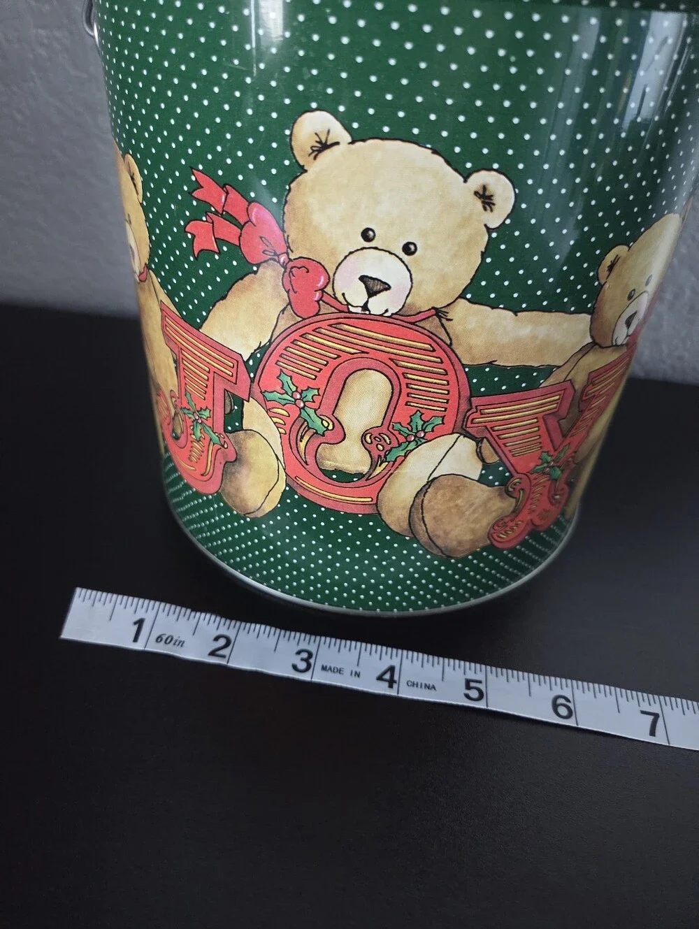 Vintage Holiday Christmas Bear JOY Storage Tin With Handle Green Red Home Decor